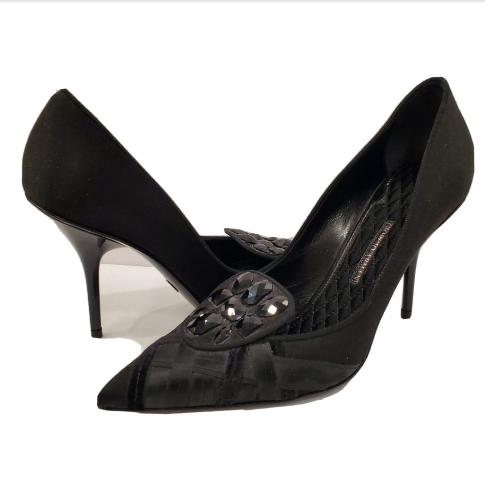 Giorgio Armani Black Satin Velvet Rhinestone Pumps